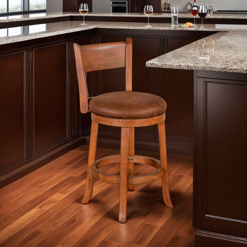 Benjara Marv Swivel Counter Height Chair Set of 2, Brown Faux Leather, Wood