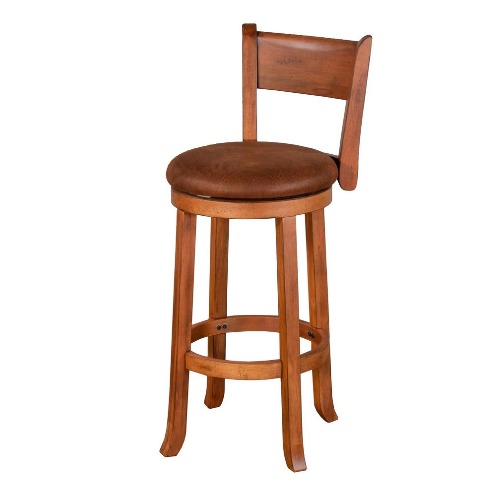 Benjara Marv Swivel Barstool Chair Set of 2, Brown Faux Leather, Mahogany Wood