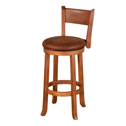 Benjara Marv Swivel Barstool Chair Set of 2, Brown Faux Leather, Mahogany Wood