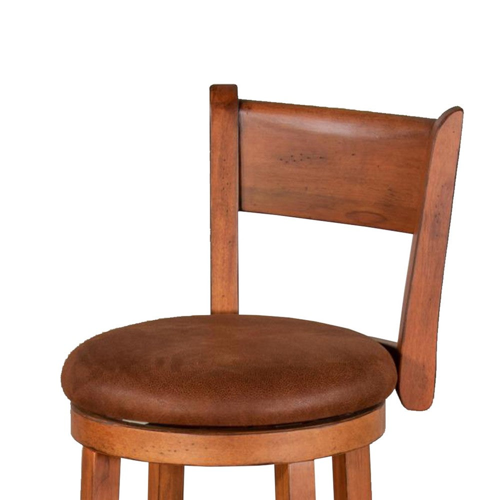 Benjara Marv Swivel Barstool Chair Set of 2, Brown Faux Leather, Mahogany Wood