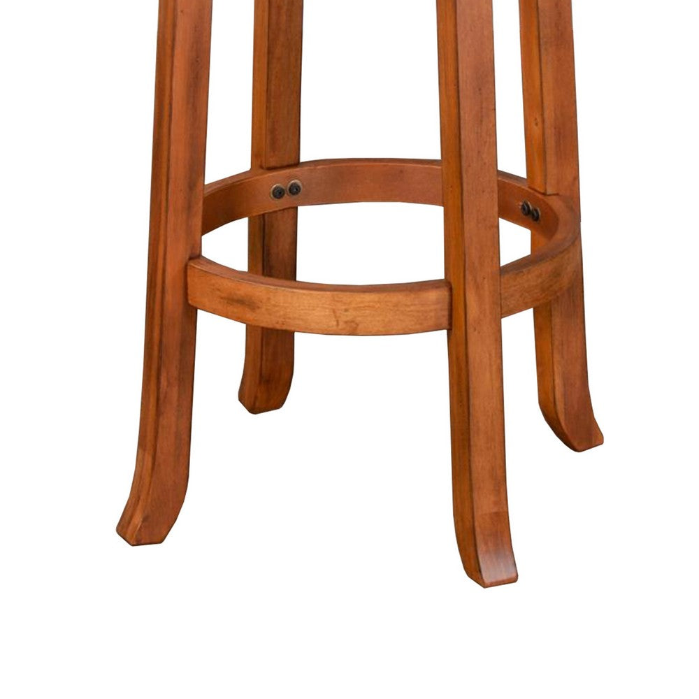 Benjara Marv Swivel Barstool Chair Set of 2, Brown Faux Leather, Mahogany Wood
