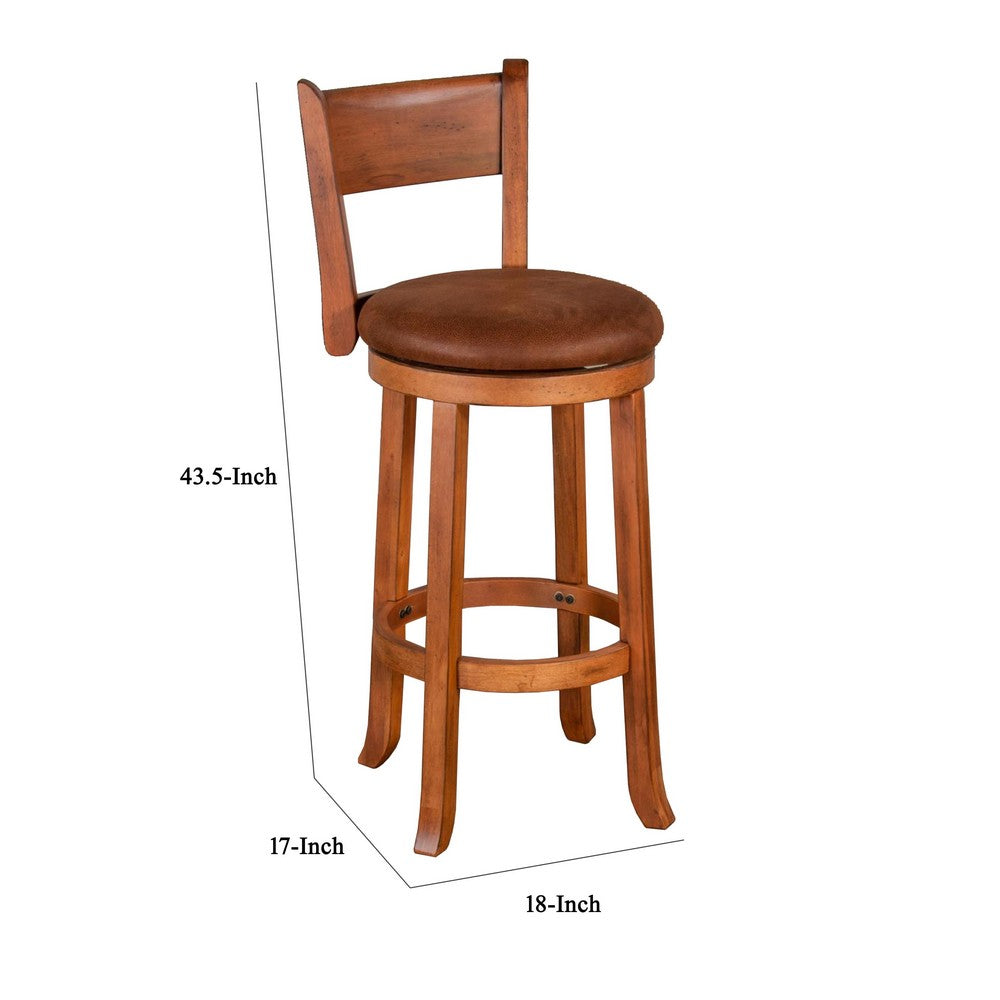 Benjara Marv Swivel Barstool Chair Set of 2, Brown Faux Leather, Mahogany Wood