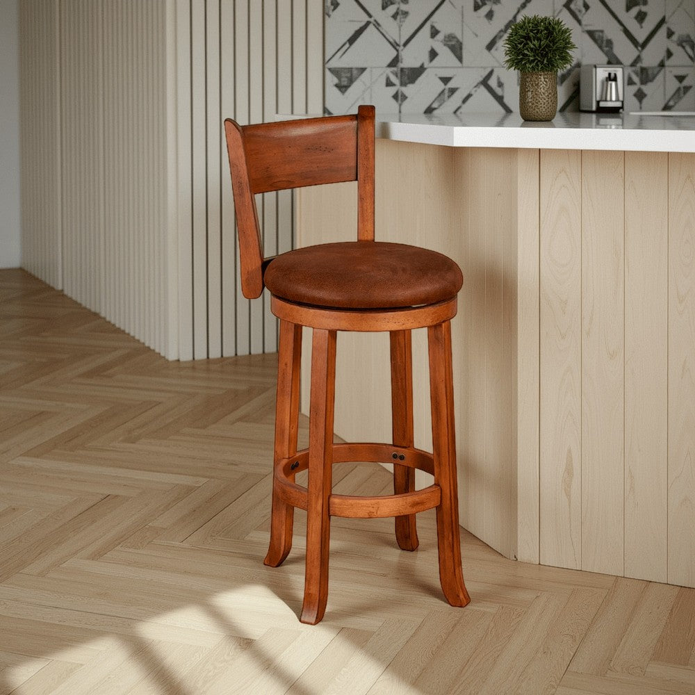 Benjara Marv Swivel Barstool Chair Set of 2, Brown Faux Leather, Mahogany Wood