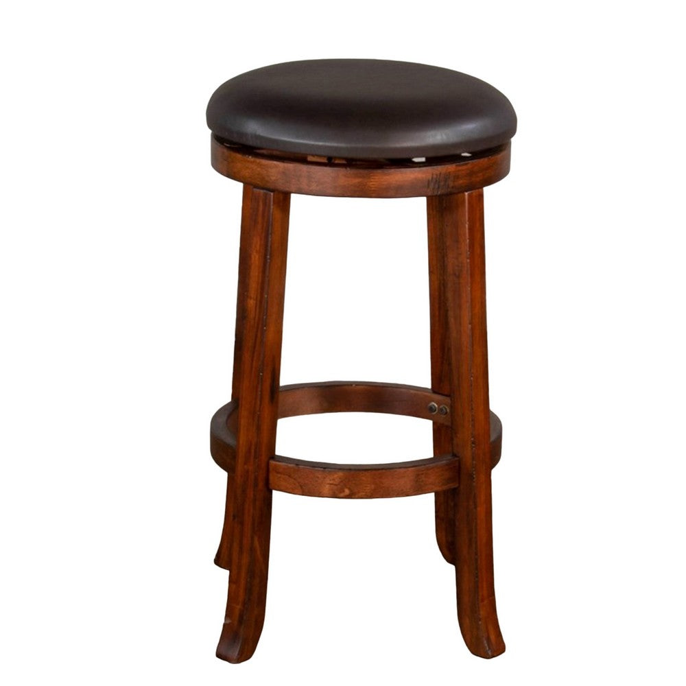 Benjara Reggie Swivel Counter Stool Set of 2, Black Faux Leather, Brown Wood