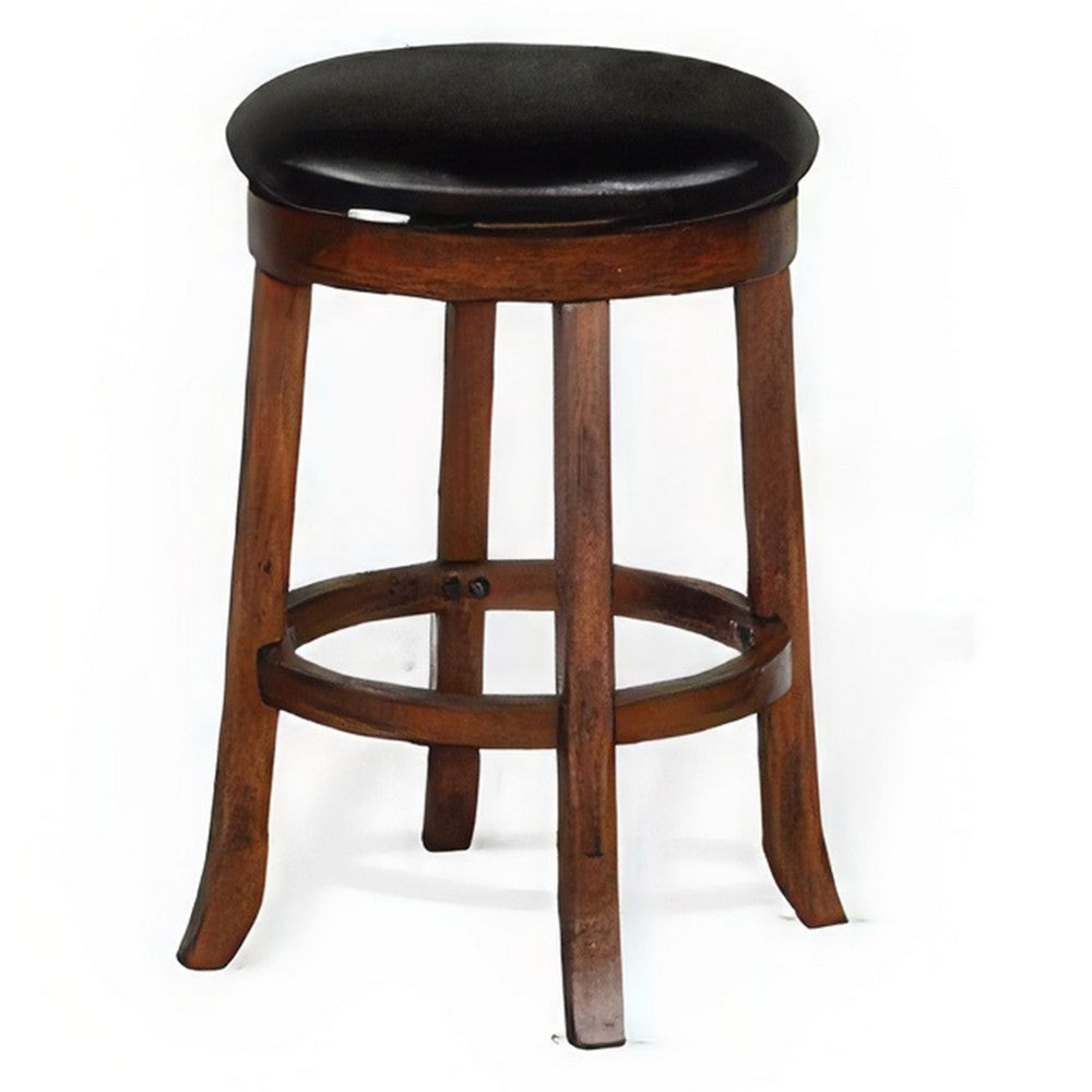 Benjara Reggie Swivel Counter Stool Set of 2, Black Faux Leather, Brown Wood