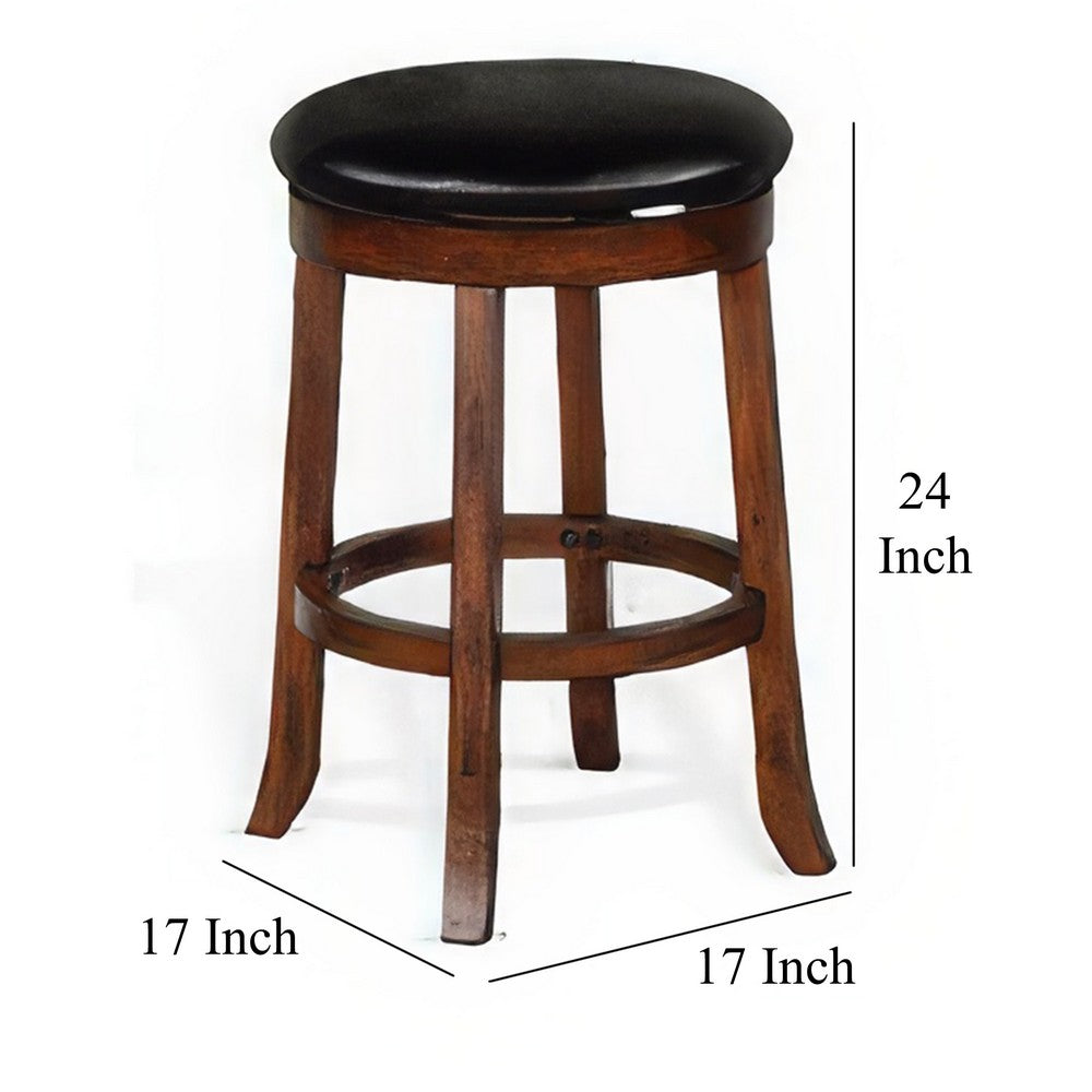 Benjara Reggie Swivel Counter Stool Set of 2, Black Faux Leather, Brown Wood