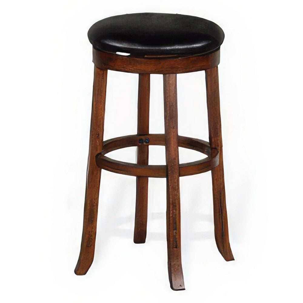 Benjara Reggie Swivel Barstool Set of 2, Black Faux Leather, Brown Mahogany