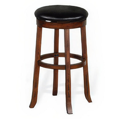 Benjara Reggie Swivel Barstool Set of 2, Black Faux Leather, Brown Mahogany
