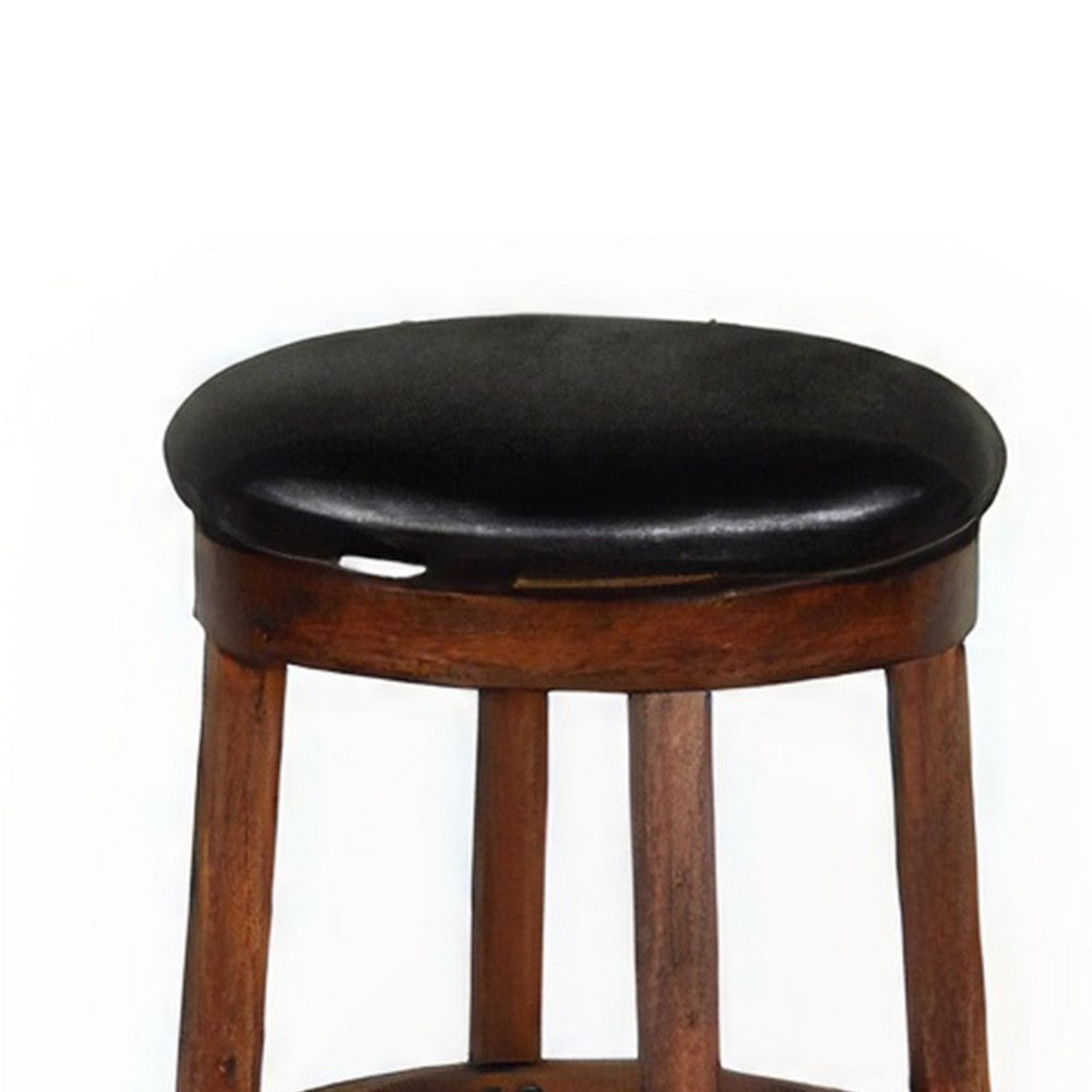 Benjara Reggie Swivel Barstool Set of 2, Black Faux Leather, Brown Mahogany