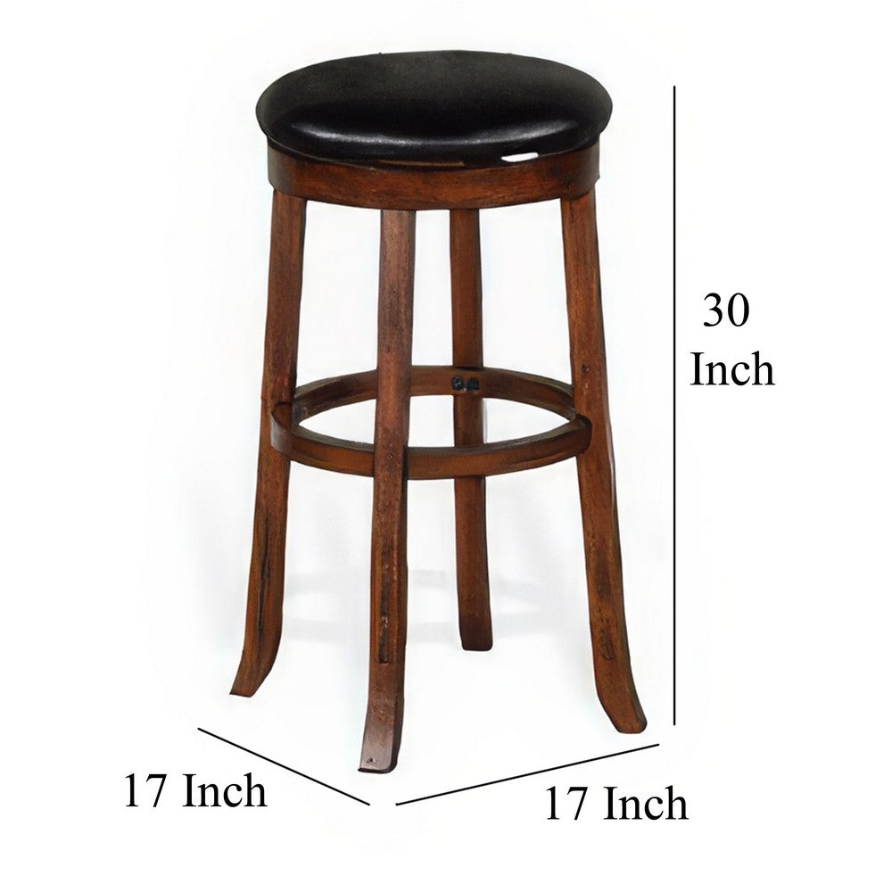 Benjara Reggie Swivel Barstool Set of 2, Black Faux Leather, Brown Mahogany