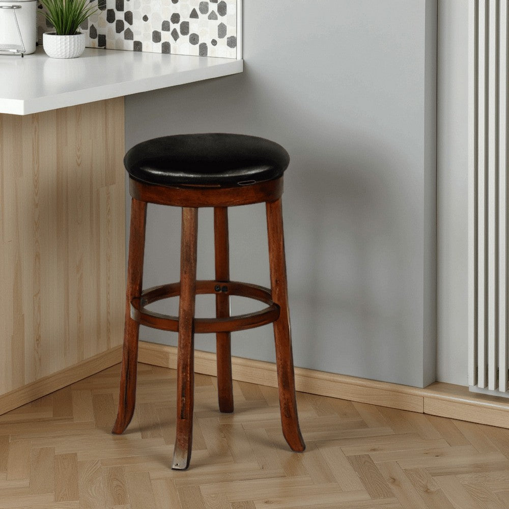 Benjara Reggie Swivel Barstool Set of 2, Black Faux Leather, Brown Mahogany