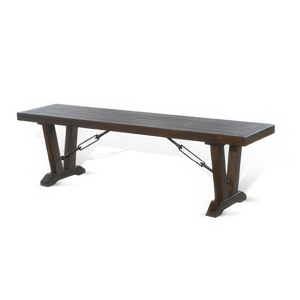 Benjara Flint Dining Bench with Turnbuckles, 70 Inch Dark Brown Mahogany Wood