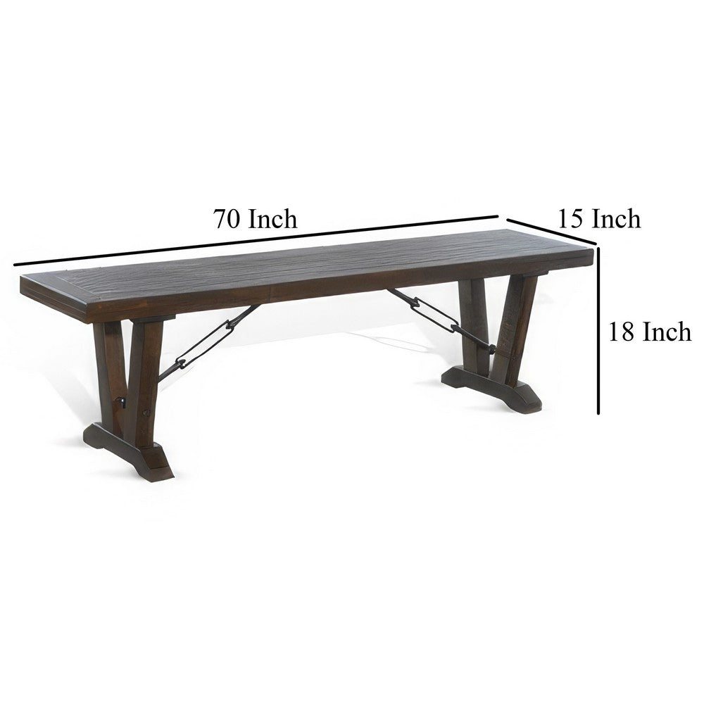 Benjara Flint Dining Bench with Turnbuckles, 70 Inch Dark Brown Mahogany Wood