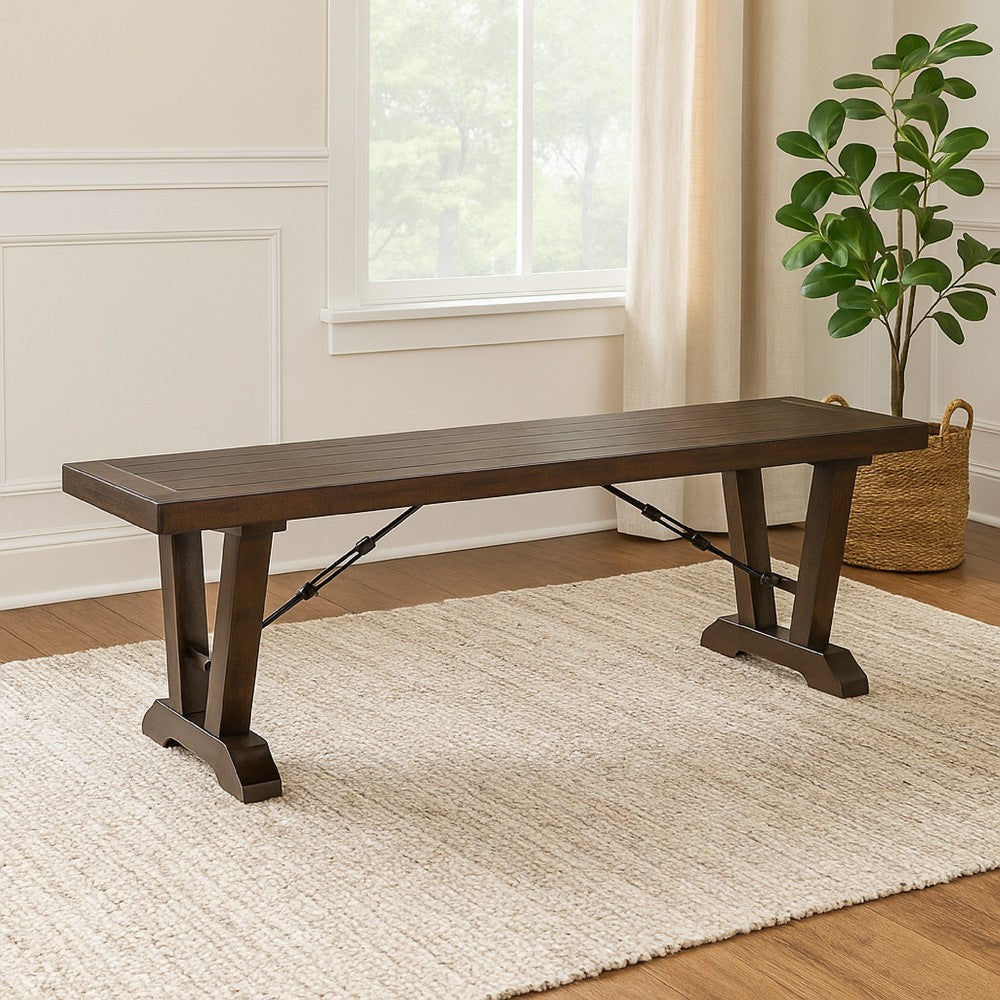 Benjara Flint Dining Bench with Turnbuckles, 70 Inch Dark Brown Mahogany Wood