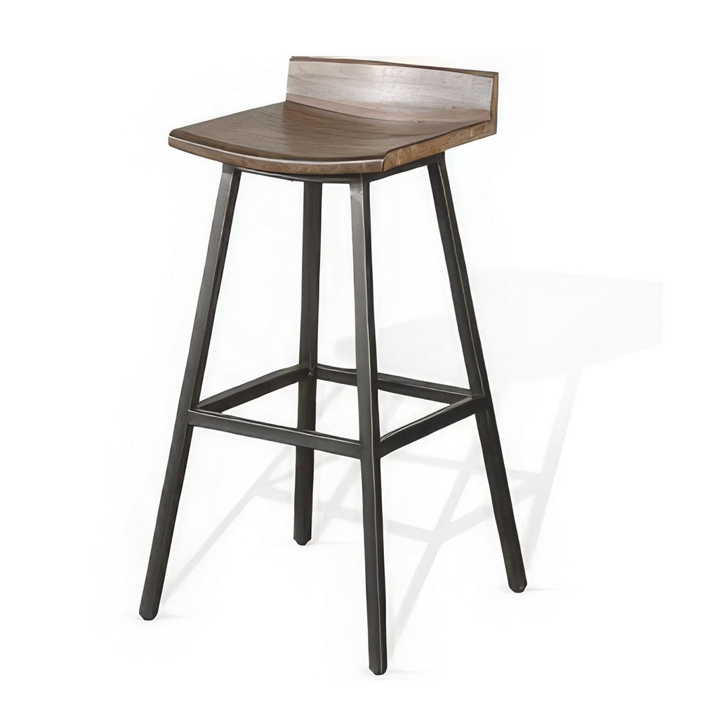 Benjara Yael Barstool Set of 2, Low Back, Black, Rustic Brown Mahogany 30 Inch