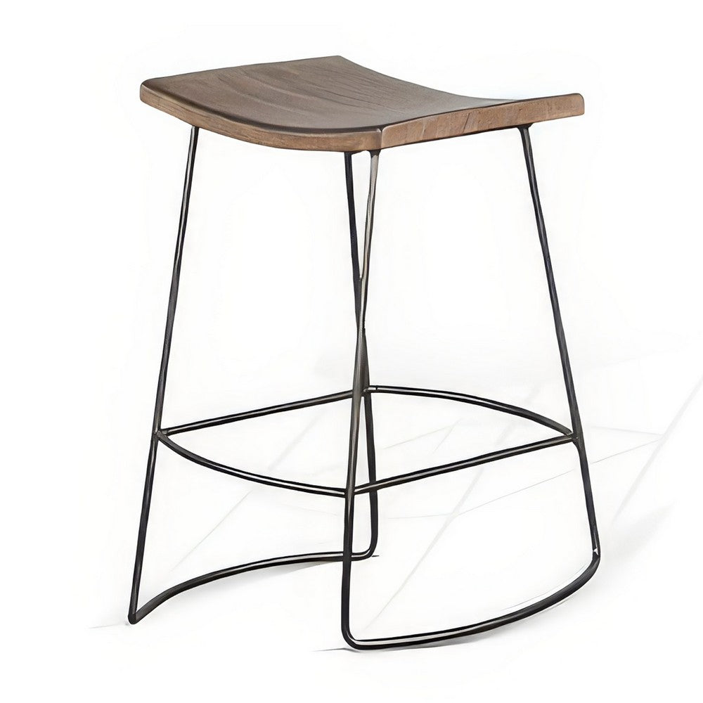 Benjara Yael Counter Stool Set of 2, Curved Seat, Rustic Brown Wood, 24 Inch