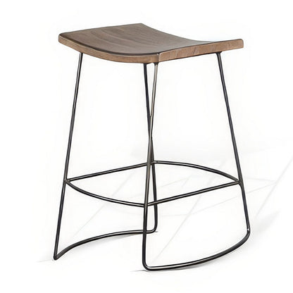 Benjara Yael Counter Stool Set of 2, Curved Seat, Rustic Brown Wood, 24 Inch
