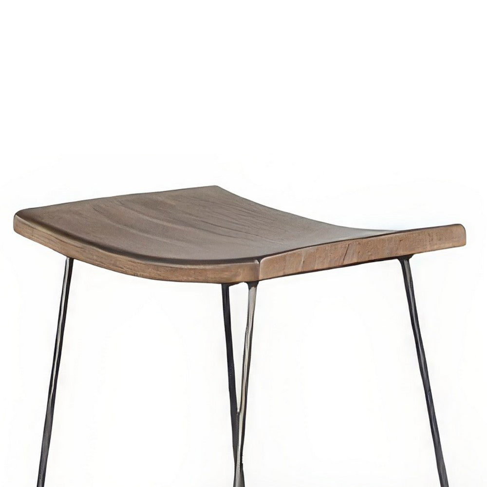 Benjara Yael Counter Stool Set of 2, Curved Seat, Rustic Brown Wood, 24 Inch