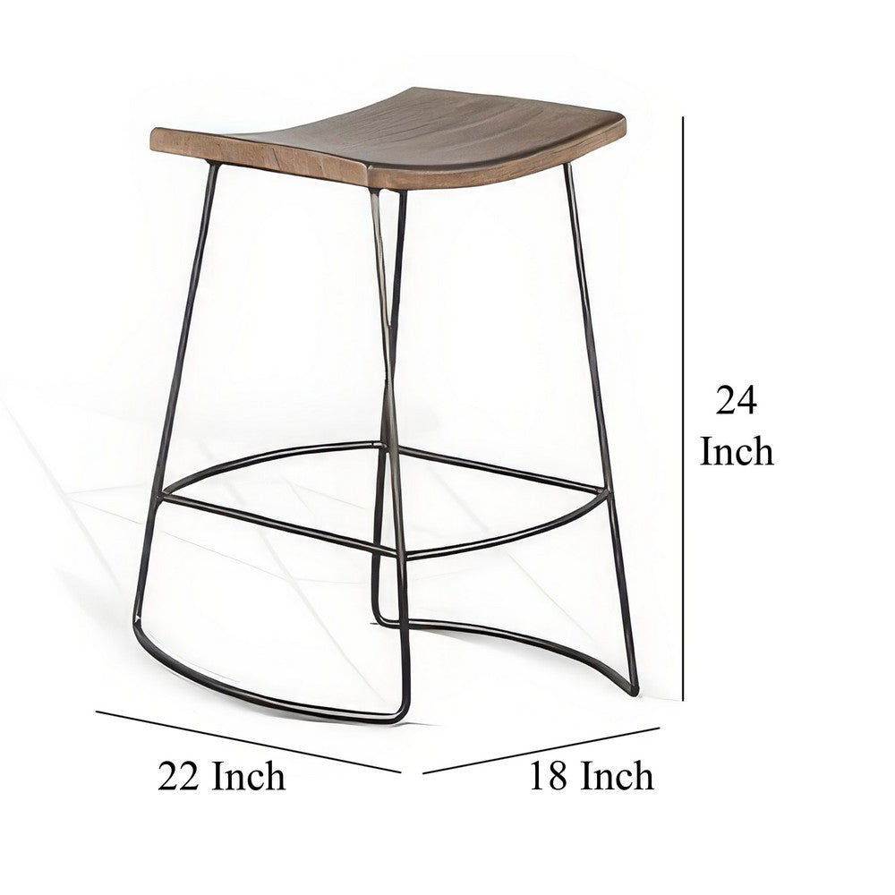 Benjara Yael Counter Stool Set of 2, Curved Seat, Rustic Brown Wood, 24 Inch