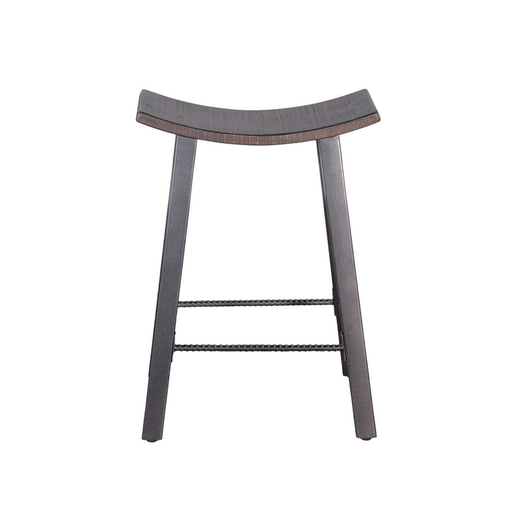 Benjara Flint Counter Stool Set of 2, Curved Dark Brown Mahogany, 24 Inch