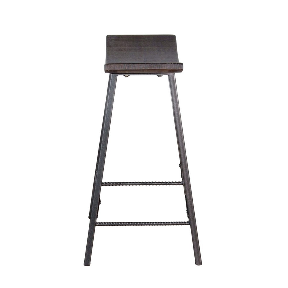Benjara Flint Counter Stool Set of 2, Curved Dark Brown Mahogany, 24 Inch