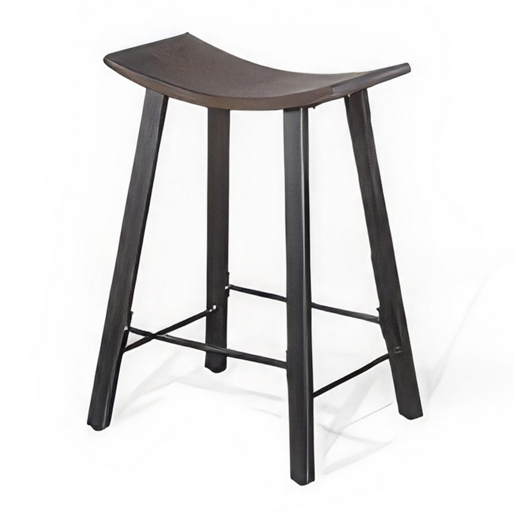 Benjara Flint Counter Stool Set of 2, Curved Dark Brown Mahogany, 24 Inch