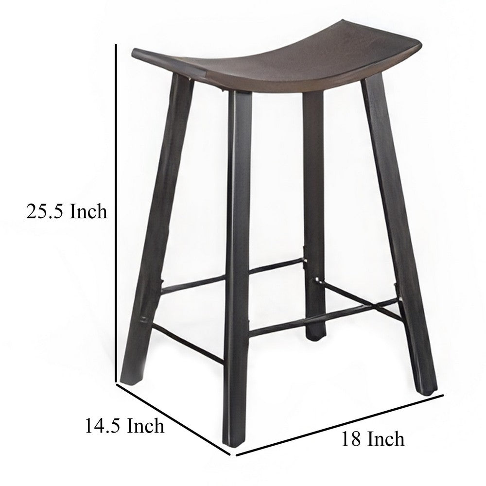 Benjara Flint Counter Stool Set of 2, Curved Dark Brown Mahogany, 24 Inch