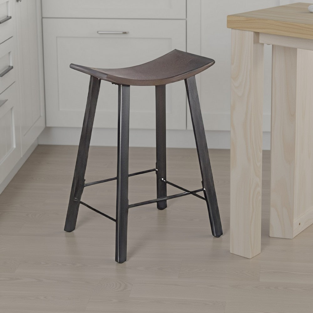 Benjara Flint Counter Stool Set of 2, Curved Dark Brown Mahogany, 24 Inch