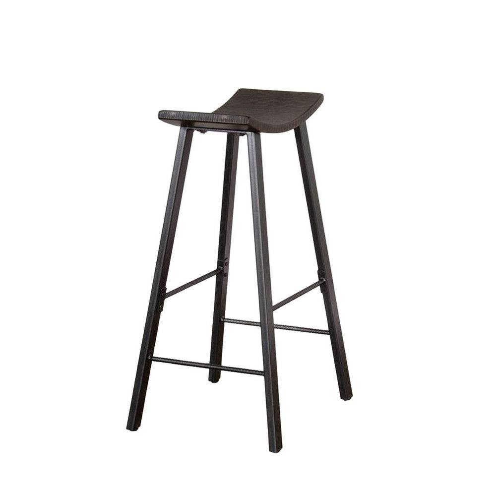 Benjara Zayle Barstool Set of 2, Black Angled Legs, Dark Brown Wood, 30 Inch