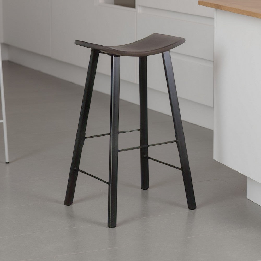 Benjara Zayle Barstool Set of 2, Black Angled Legs, Dark Brown Wood, 30 Inch