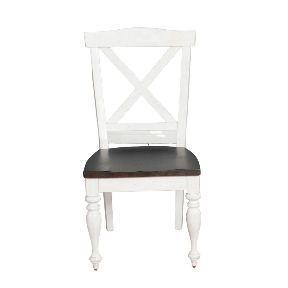 Benjara Orso Dining Side Chair Set of 2, Crossback, Brown Wood Seat, White