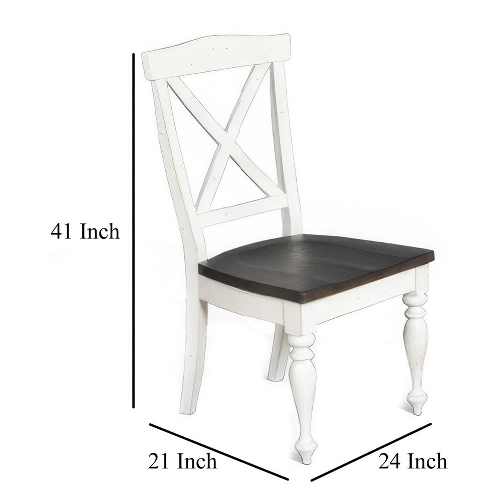 Benjara Orso Dining Side Chair Set of 2, Crossback, Brown Wood Seat, White