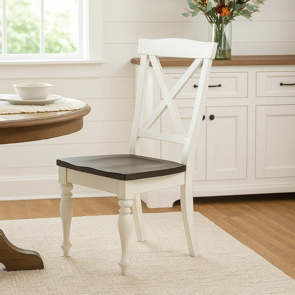 Benjara Orso Dining Side Chair Set of 2, Crossback, Brown Wood Seat, White