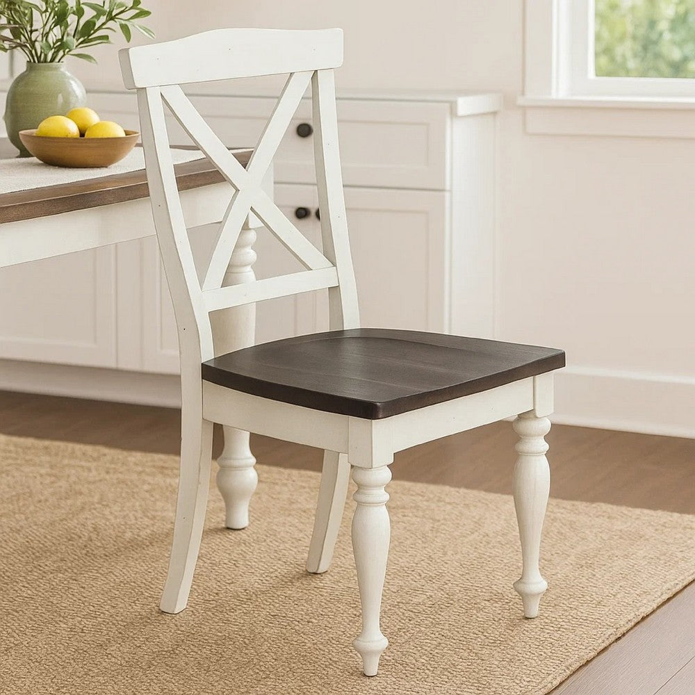 Benjara Orso Dining Side Chair Set of 2, Crossback, Brown Wood Seat, White