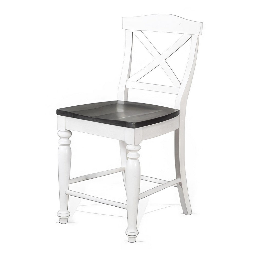 Benjara Orso Counter Stool Chair Set of 2, Crossback Dark Brown White Mahogany