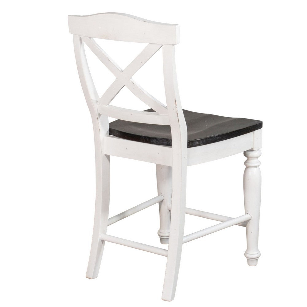 Benjara Orso Counter Stool Chair Set of 2, Crossback Dark Brown White Mahogany