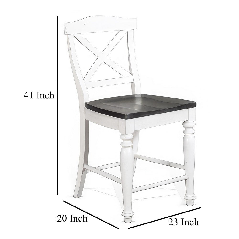 Benjara Orso Counter Stool Chair Set of 2, Crossback Dark Brown White Mahogany