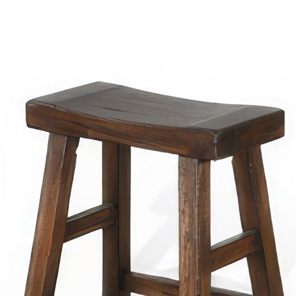 Benjara Odel Counter Stool Set of 2, Saddle Seat, Dark Brown Mahogany Wood