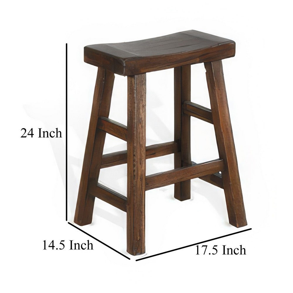 Benjara Odel Counter Stool Set of 2, Saddle Seat, Dark Brown Mahogany Wood