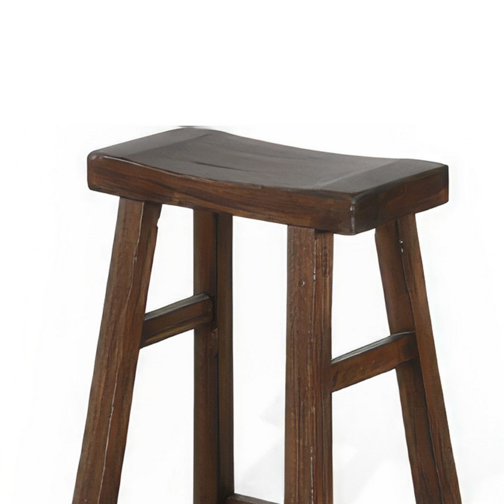 Benjara Odel Barstool Set of 2, Saddle Seat, Dark Brown Mahogany Wood, 30 Inch