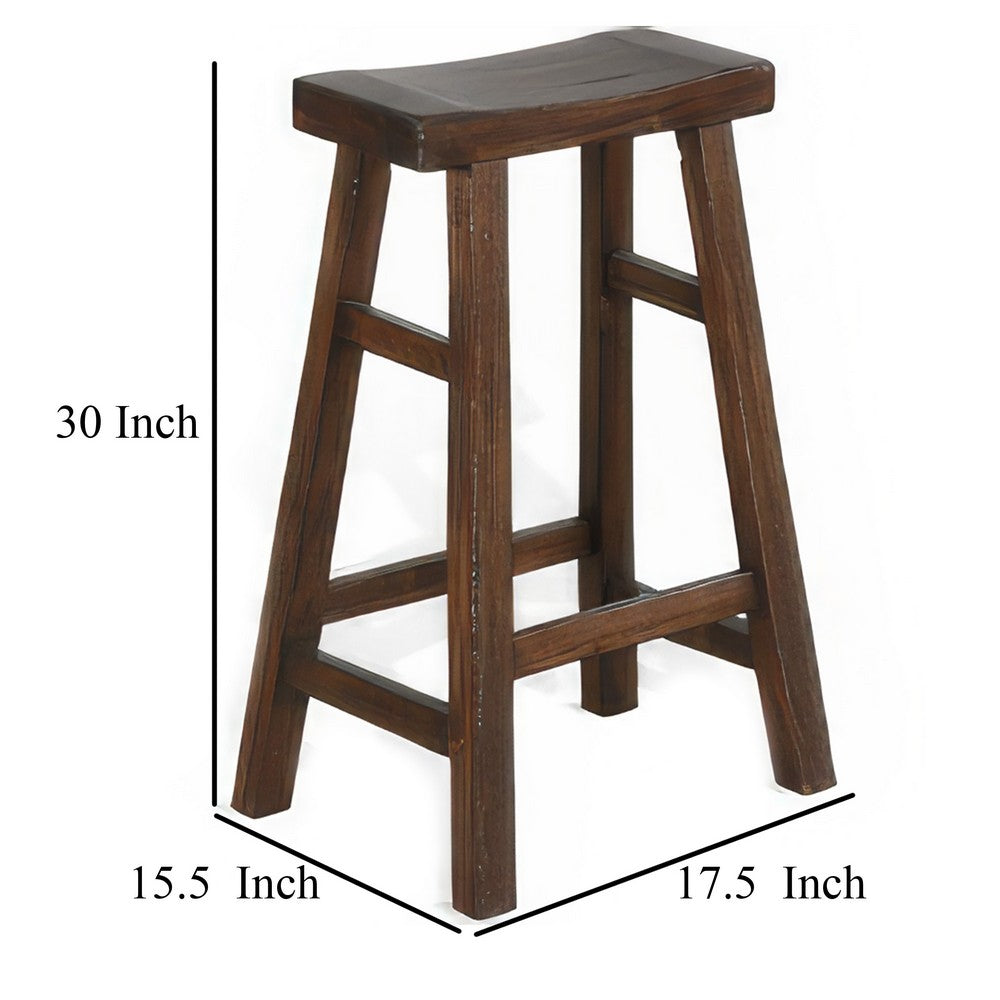 Benjara Odel Barstool Set of 2, Saddle Seat, Dark Brown Mahogany Wood, 30 Inch