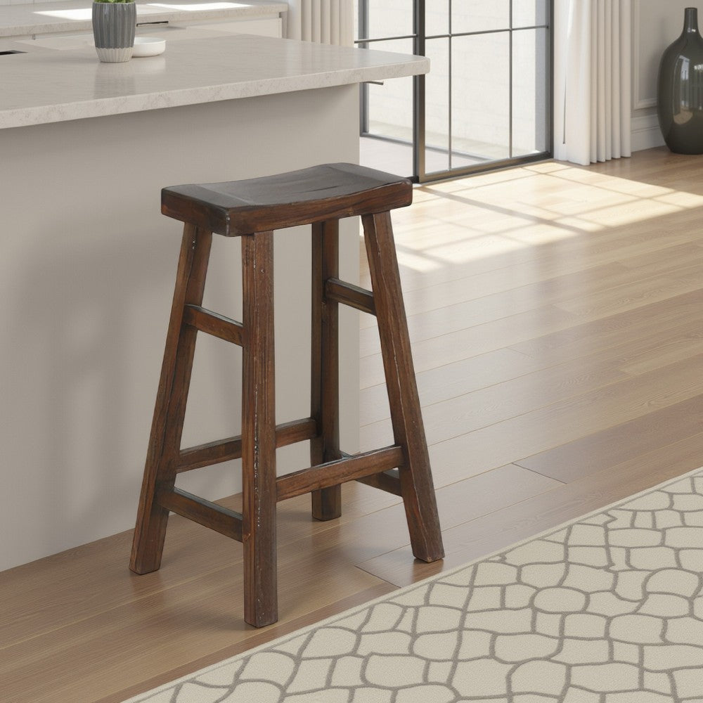 Benjara Odel Barstool Set of 2, Saddle Seat, Dark Brown Mahogany Wood, 30 Inch