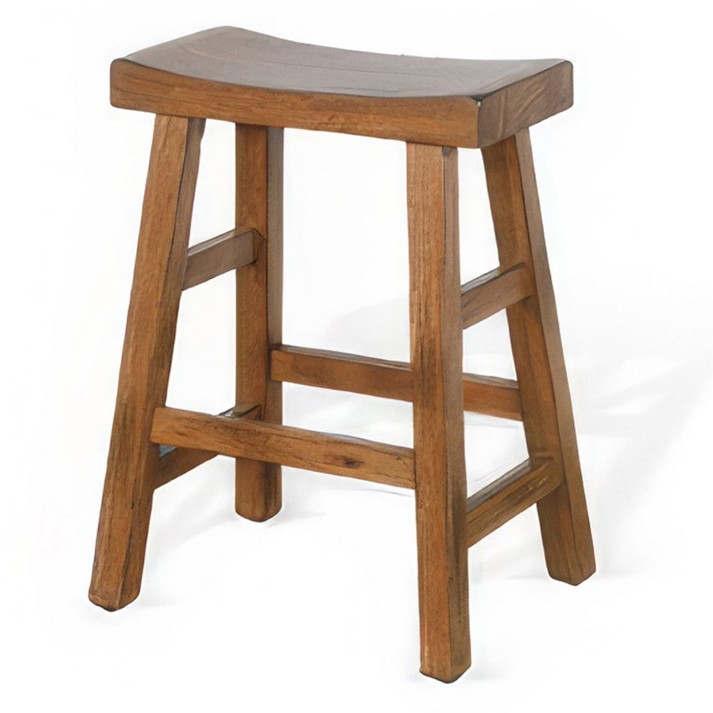 Benjara Marv Counter Height Stool Set of 2 | Saddle Seat with Ladder Style Base | Rustic Brown Mahogany Wood