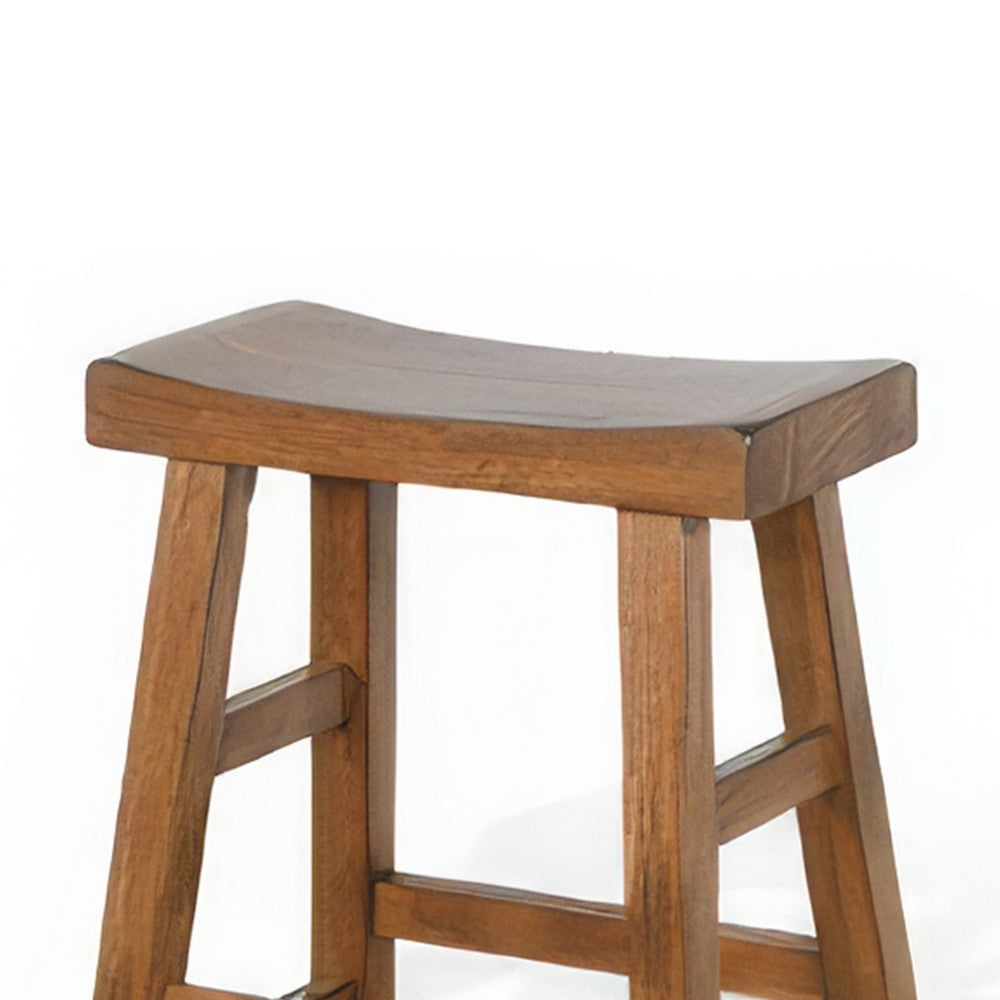 Benjara Marv Counter Height Stool Set of 2 | Saddle Seat with Ladder Style Base | Rustic Brown Mahogany Wood