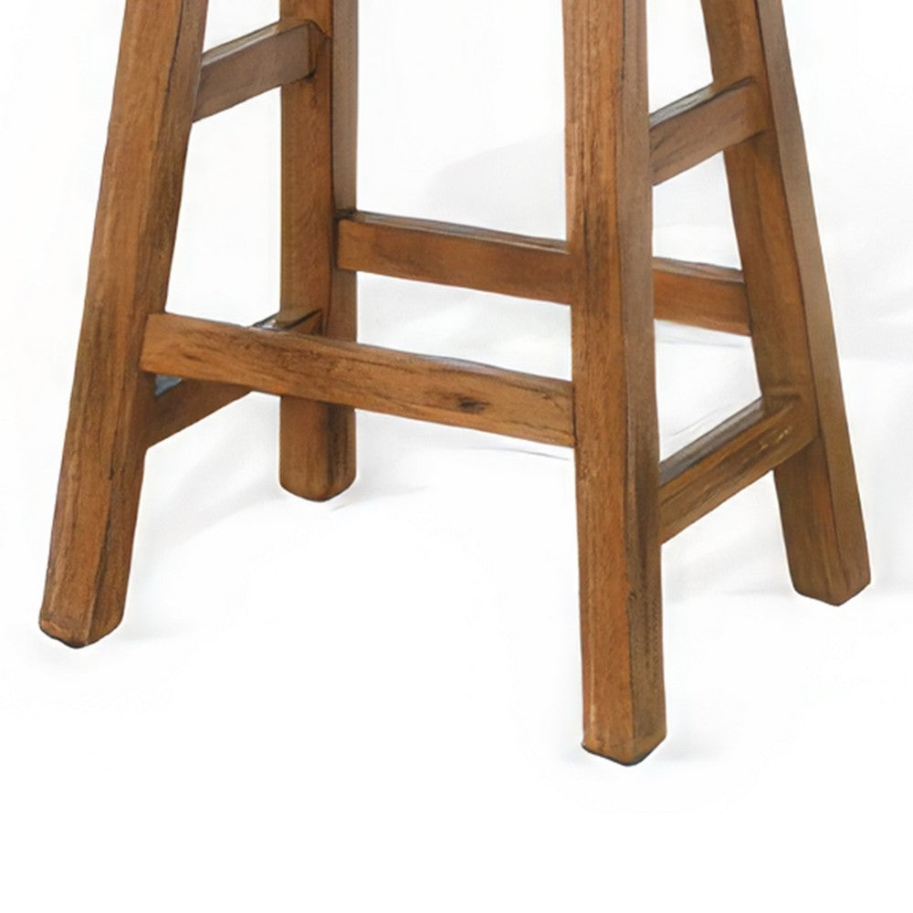 Benjara Marv Counter Height Stool Set of 2 | Saddle Seat with Ladder Style Base | Rustic Brown Mahogany Wood