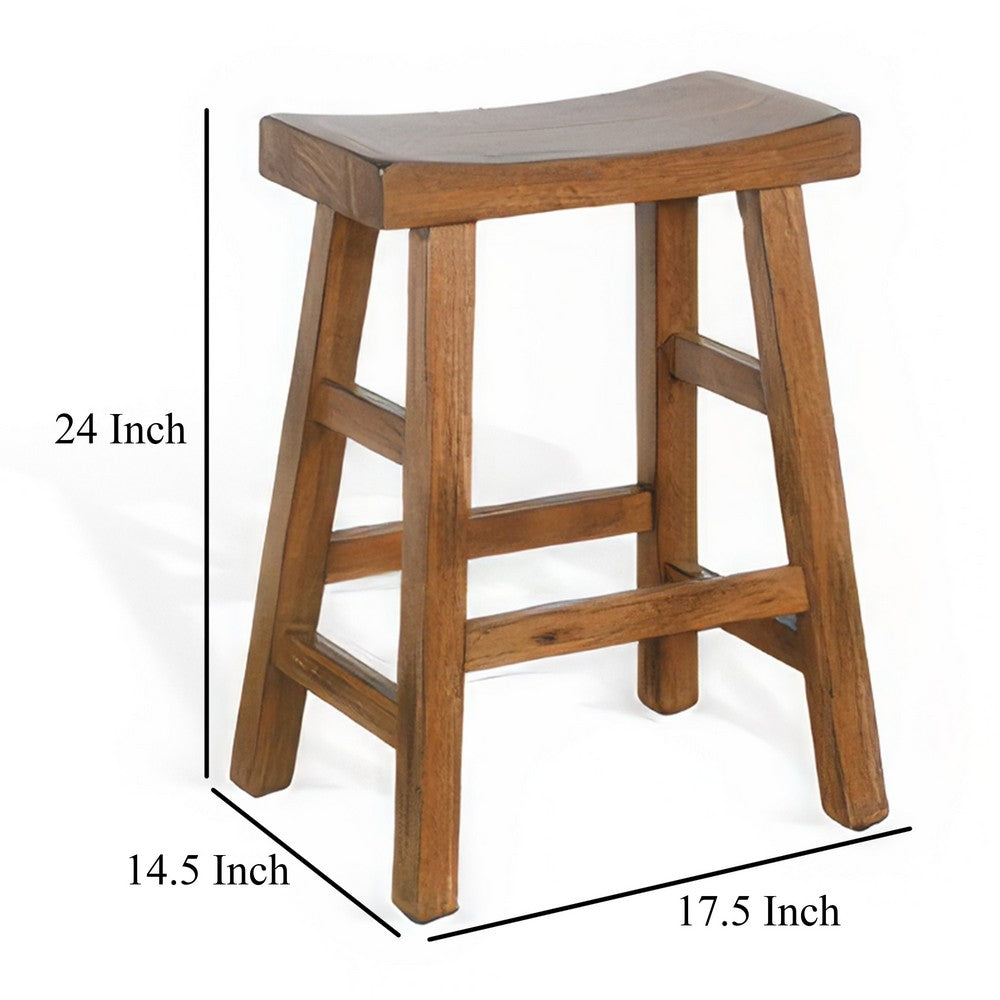 Benjara Marv Counter Height Stool Set of 2 | Saddle Seat with Ladder Style Base | Rustic Brown Mahogany Wood