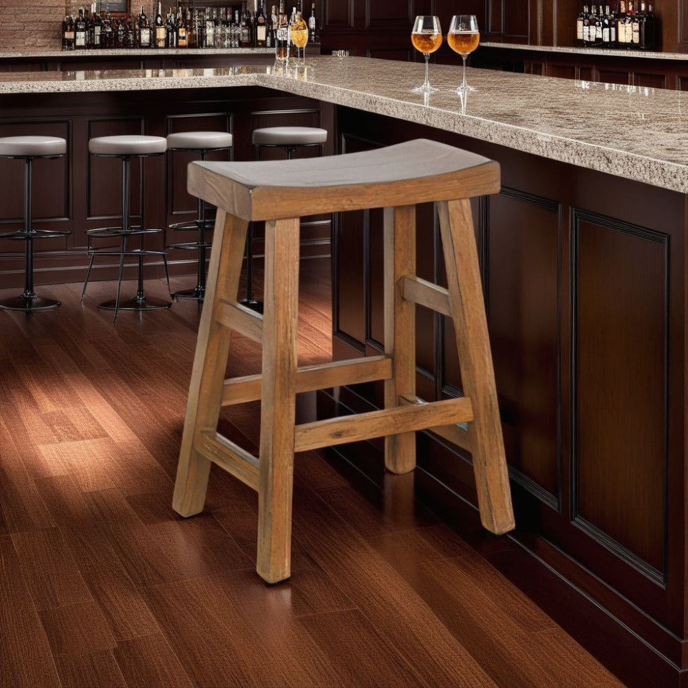 Benjara Marv Counter Height Stool Set of 2 | Saddle Seat with Ladder Style Base | Rustic Brown Mahogany Wood