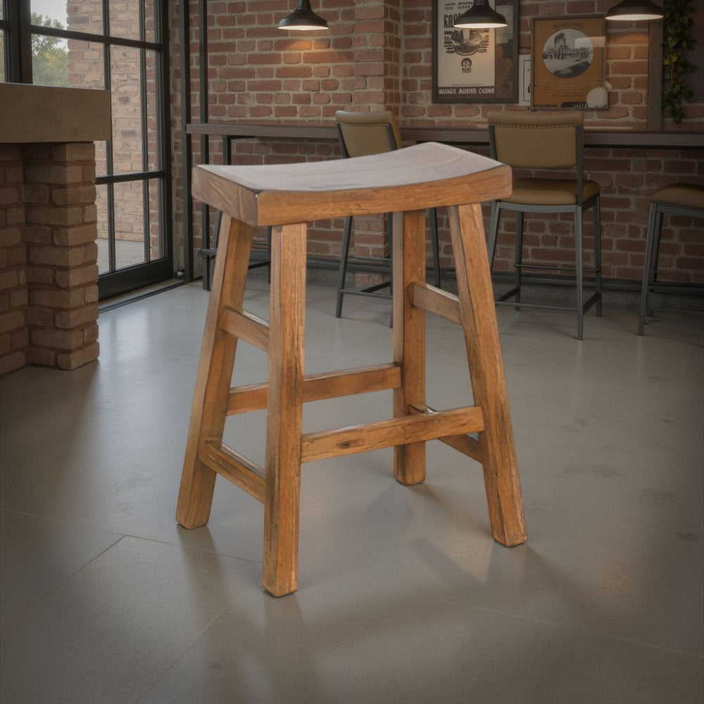 Benjara Marv Counter Height Stool Set of 2 | Saddle Seat with Ladder Style Base | Rustic Brown Mahogany Wood