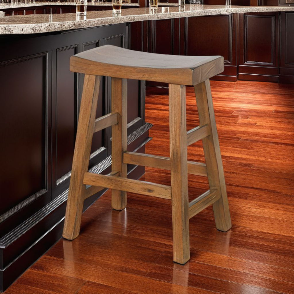 Benjara Marv Counter Height Stool Set of 2 | Saddle Seat with Ladder Style Base | Rustic Brown Mahogany Wood