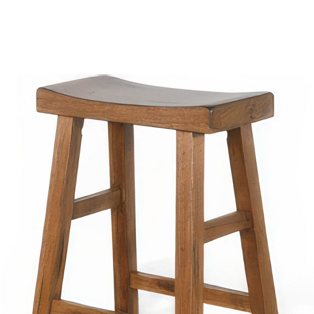 Benjara Marv Barstool Set of 2, Saddle Seat, Rustic Oak Mahogany Wood, 30 Inch